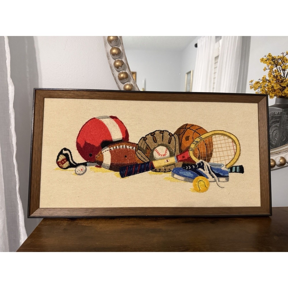 Vintage Crewel Embroidery Sports Wall Art Football Baseball Tennis Framed